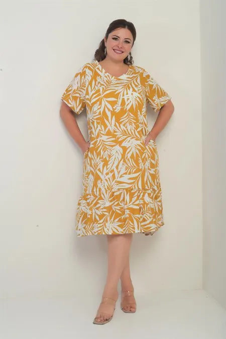 Robe grande taille pour femme, col en V, motif feuilles variées, poches et jupe à volants