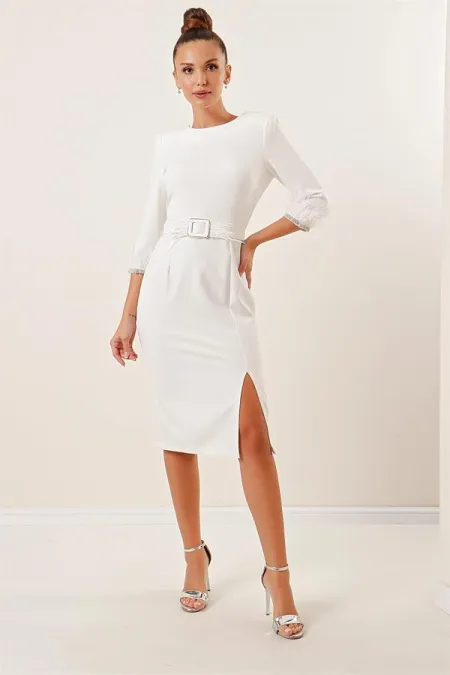 Belted Dress with Embellished Feather and Rhinestone Details on Sleeves