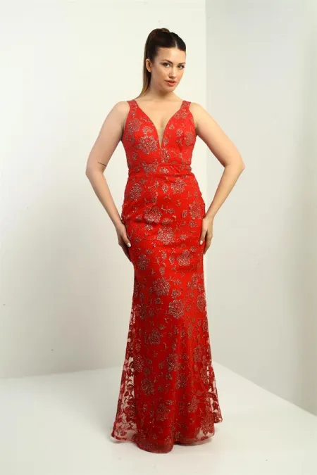 Women's Thick Strapped Lined Tulle Gritter Long Evening Dress