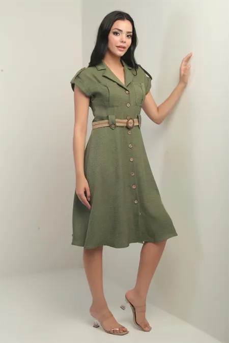 Women's Collared, Off-Shoulder, Double-Pocket, Belted Linen-Effect Dress