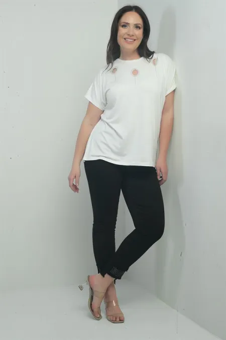 Pantalon en toile grande taille pour femme, coupe slim, orné de pierres et de pompons, en tissu Lycra