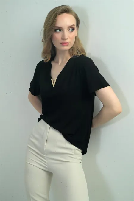 V Neck Short Sleeve Blouse with V Accessories