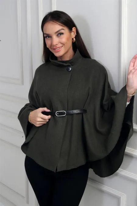 Kadın Düğmeli Beli Kemerli Kaşe Panço