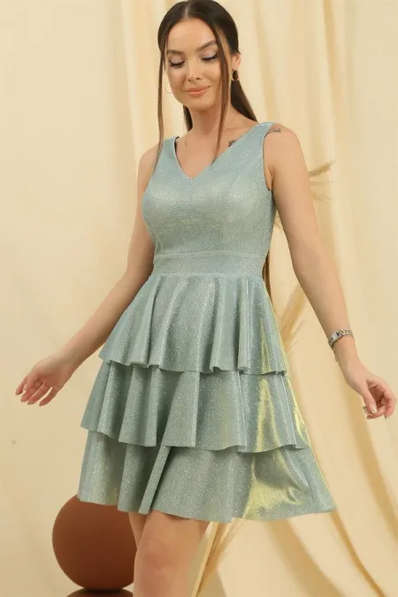 Front and Back V-Neck Glittery Layered Dress