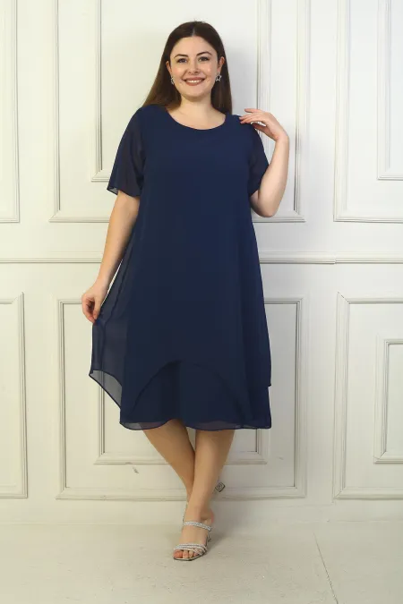 Kadın Yuvarlak Yaka Kısa Kol Astarlı Çift Kat Büyük Beden Şifon Elbise