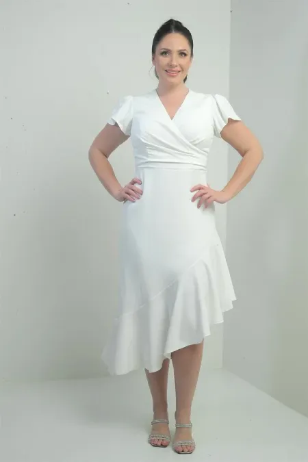 Robe en crêpe grande taille pour femme, décolleté cache-cœur, jupe à volants doublée et drapée sur le devant