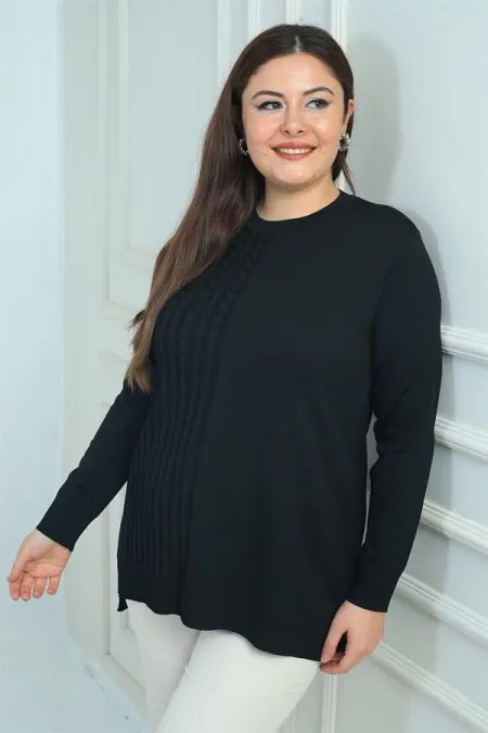 Kadın Tek Taraf Saç Örgülü Büyük Beden Likralı Tunik Bluz