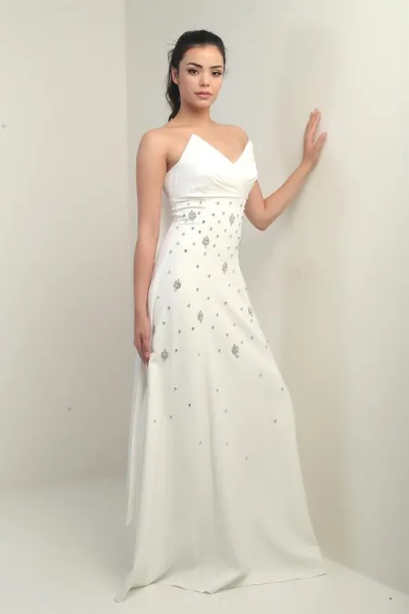 Women's Taffeta Top Strapless Double Stone Spliced Flared Long Dress