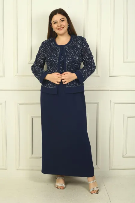 Ensemble deux pièces pour femme : veste en tulle ornée de perles et de sequins, robe longue à manches demi-lune, doublée, grandes tailles.