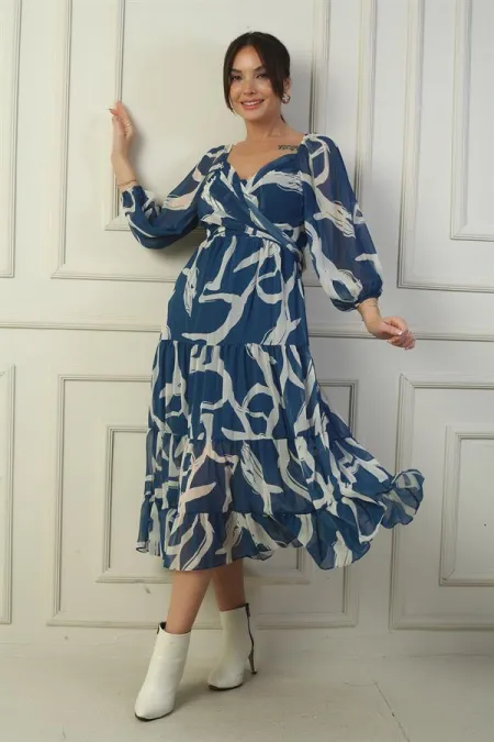 Madonna Yaka Astarlı Çapraz Bağlamalı Soyut Desen Kruvaze Şifon Elbise