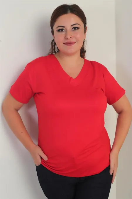 Kadın V Yaka Likralı Büyük Beden Bluz