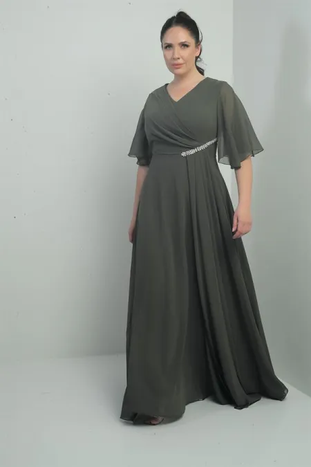 Robe longue en mousseline pour femme, grande taille, col en V, ceinture ornée de pierres, drapée et doublée
