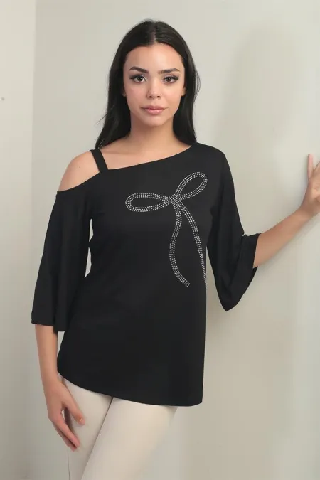 Women's One-Shoulder Blouse with Bow and Rhinestone Print, Lycra