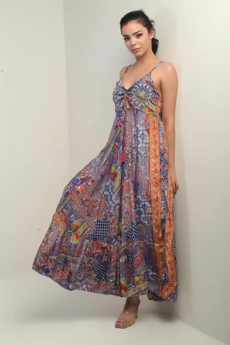 Women's Strappy Long Satin Dress with Embroidered Back Detail and Pattern