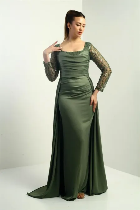 Women's Square Neck, Lined, Beaded Sleeve, Wide-Sized Crepe Satin Long Evening Dress