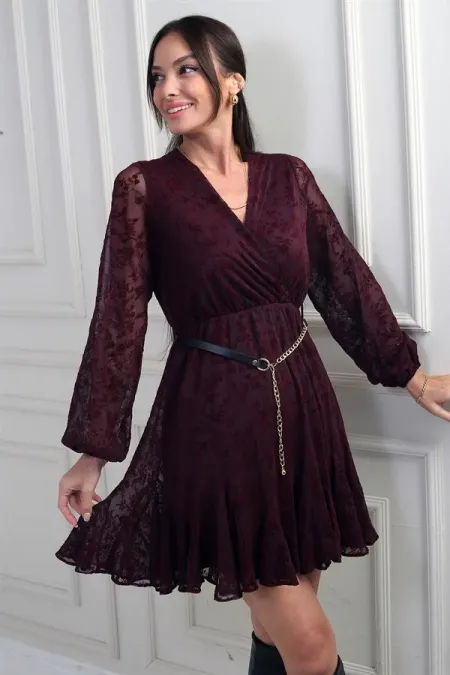 Robe courte en tulle imprimé floqué, doublée et à double boutonnage pour femme