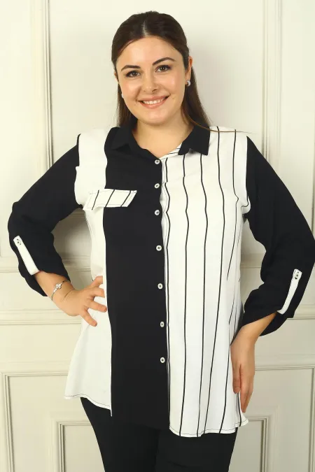 Chemise BB rayée à une poche et manches repliables pour femme