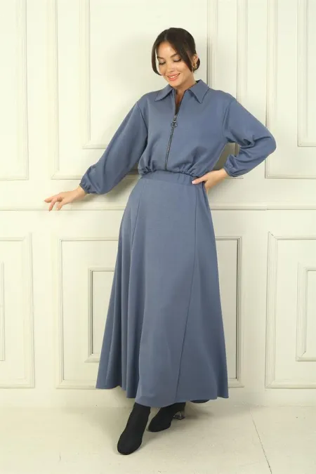 Women's Front Zip Jacket and Elastic Waist Long Skirt Osyho 2-Piece Set