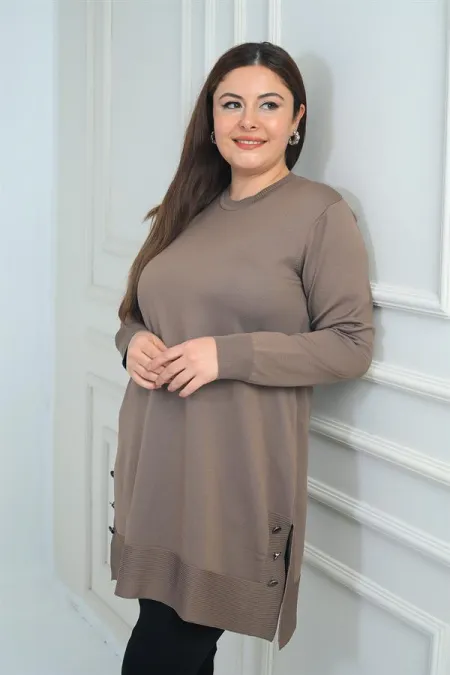 Blouse tunique tricotée grande taille pour femme, avec boutons et fentes latérales