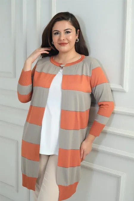 Kadın Enine Kalın Çizgili Büyük Beden Hırka