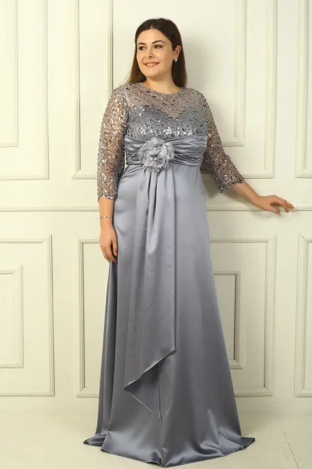 Kadın Çiçekli Altı Saten Üstü Gritel Astarlı Büyük Beden Uzun Elbise