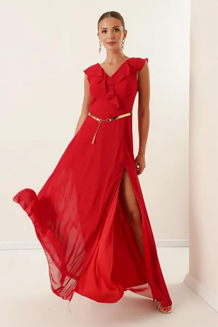 Chiffon Slit Long Dress with Flounce Collar and Belt