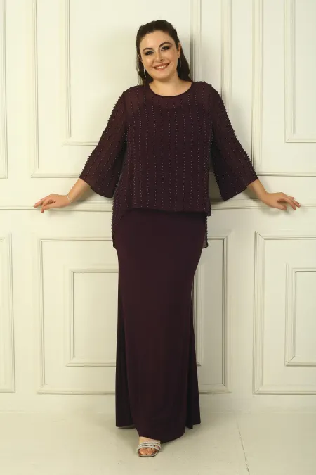 Robe longue couleur sable avec doublure à bretelles et chemisier en mousseline perlée boutonné au dos, ensemble 2 pièces grande taille