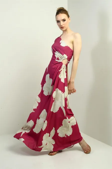 Robe longue en crêpe satin à motif de grandes feuilles, asymétrique à une épaule et découpe latérale pour femme