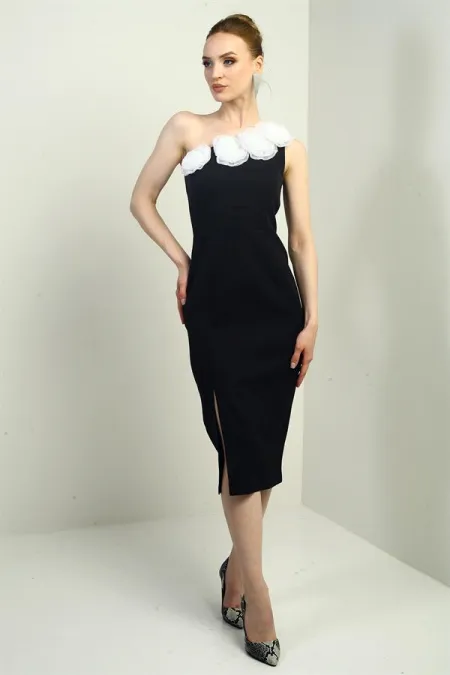 Women's One-Shoulder Crepe Midi Dress with Floral Detail and Front Slit