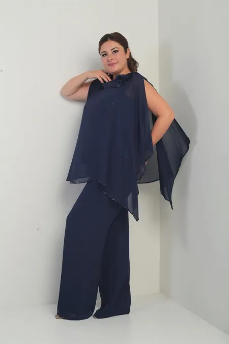 Cape en satin à col et doublure à sequins pour femme, chemisier sans manches, pantalon palazzo, ensemble 3 pièces en mousseline doublée grande taille