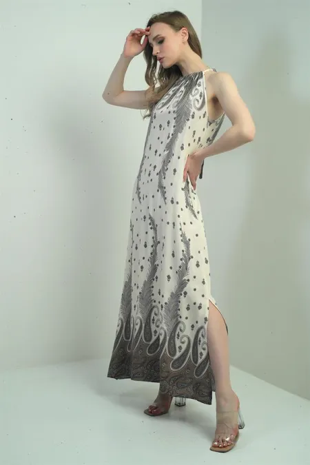 Women's Halter Neck Tie-Up Floral Print Long Dress with Pockets