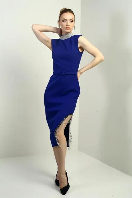 Women's Embellished Mandarin Collar Belted Waist Midi Dress with Side Chain Detail and Slit.