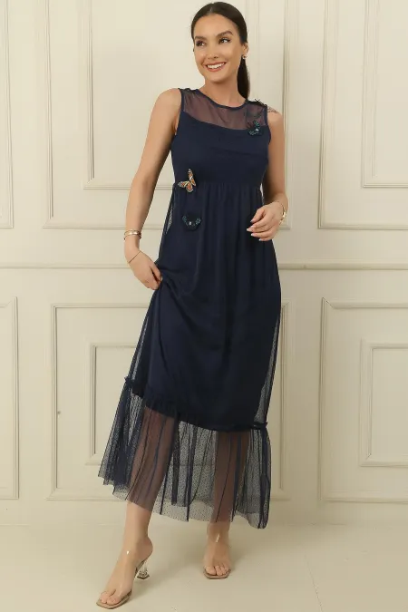 Butterfly Detail Lined Midi Length Tulle Dress