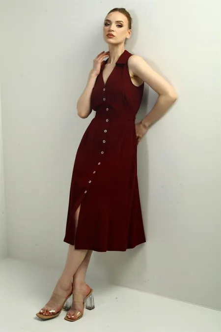 Kadın Polo Yaka Ön Pile Düğme Detaylı Midi Keten Elbise