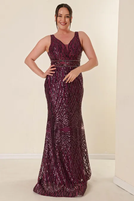 Robe longue à sequins grande taille pour femme, col en V, doublure, détails perlés