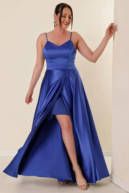 Robe longue en satin grande taille, sans bretelles, doublée et fendue sur le devant