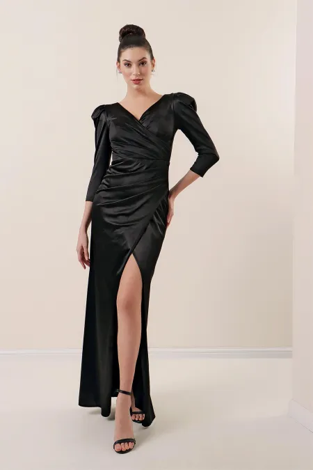 Double-Breasted Side Gathered Lined Long Satin Dress
