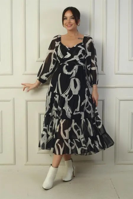 Madonna Neckline Lined Cross-Tie Abstract Pattern Wrap Chiffon Dress