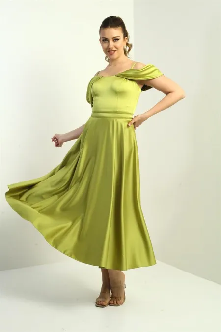 Women's Strappy Dropped Sleeve Lined Pleated Satin Flared Long Dress