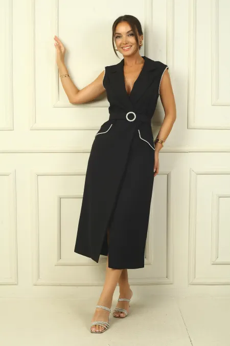 Women's Wrap Neck, Lined, Button-Front Crepe Dress with Stone Embellishments and Belt