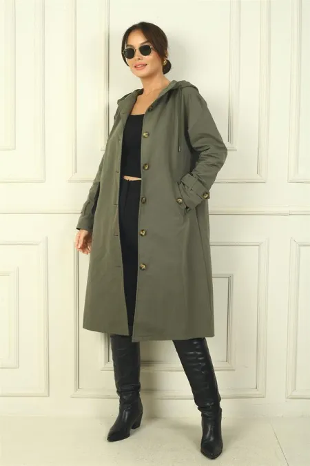 Trench-coat à capuche pour femme avec poches latérales et boutons sur le devant