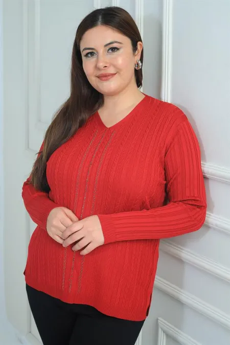 Chemisier grande taille à rayures et imprimé pierre sur le devant, col en V, en maille côtelée à fil froid.