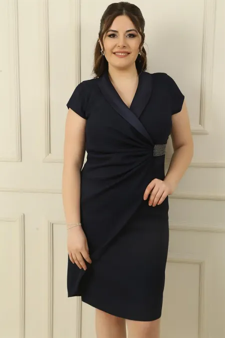 Nail-Embellished Waist, Stone-Detailed, Lined Plus Size Crepe Dress