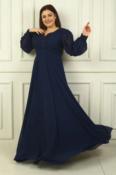 Robe de soirée longue en mousseline de soie grande taille, doublée de sequins, décolleté en V devant et dos, pour femme.