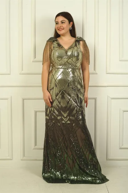 Robe de soirée longue à sequins BB avec manches à pompons perlés et doublure