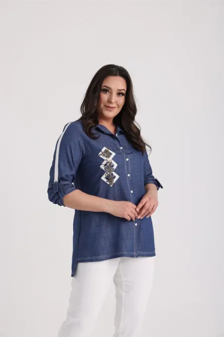 Women's Plus Size Lyocell Shirt with Embroidered Appliqué Front and D-Buckle