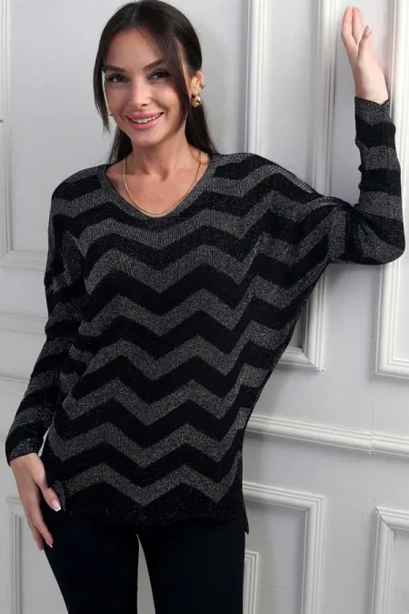 Chemisier à paillettes à col en V pour femme, à motifs zigzag, grande taille et à volants espacés