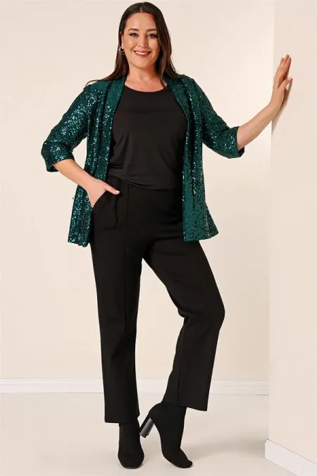 Pantalon grande taille avec taille élastique, poches latérales et tissu Lycra