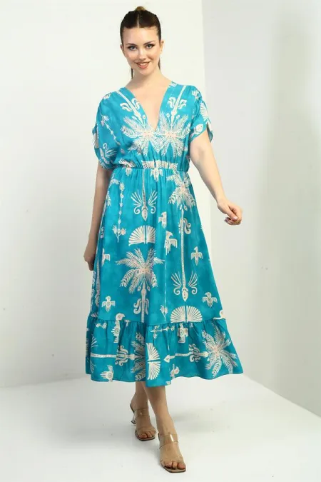 Women's Front and Back V-Neck Batwing Sleeve Palm Tree Print Pocket Ruffled Dress