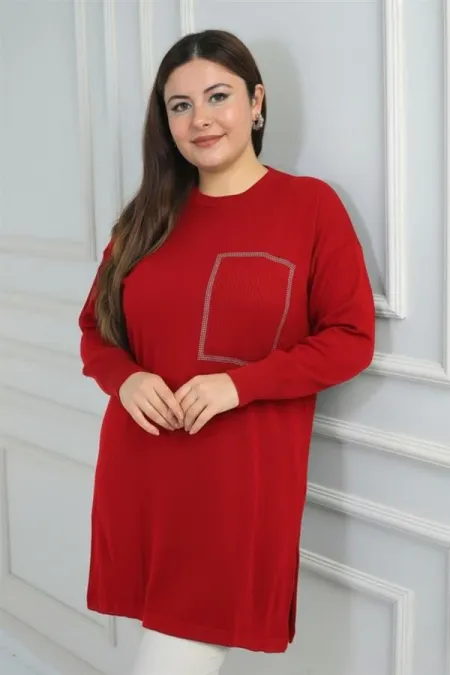 Blouse tunique en maille grande taille pour femme, à une poche avant, imprimé pierre et détails raffinés.